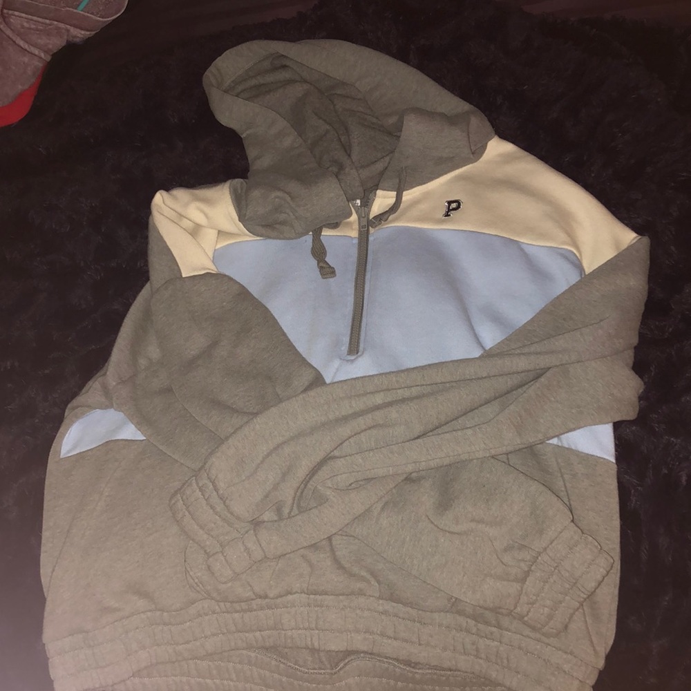 Pink hoodie.... light blue, gray, and white